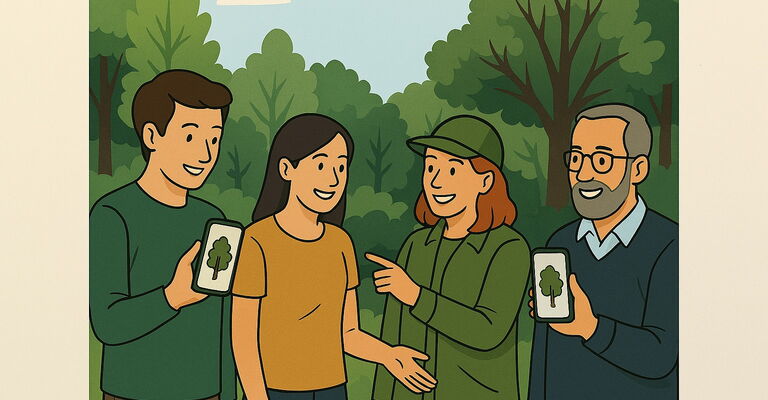 Das Bild zeigt eine Gruppe von vier Personen in einem Wald, umgeben von grünen Bäumen und blauem Himmel mit Wolken. Zwei Personen halten Smartphones, auf deren Displays stilisierte Baum-Symbole zu sehen sind.