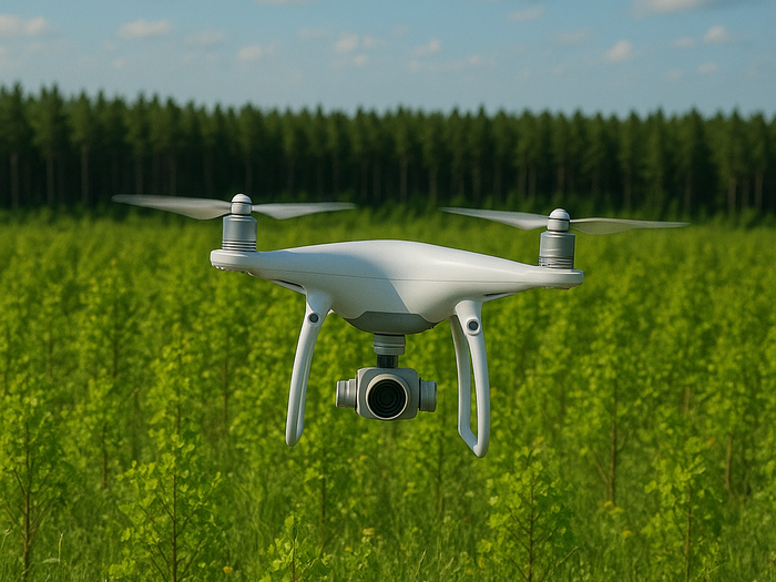 Das Bild zeigt eine weiße Drohne mit vier Rotoren, die knapp über einer grünen, mit etwa 2 m hohen Setzlingen bepflanzten Aufforstungsfläche fliegt.