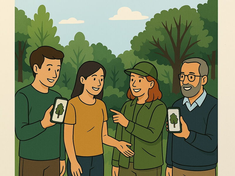 Das Bild zeigt eine Gruppe von vier Personen in einem Wald, umgeben von grünen Bäumen und blauem Himmel mit Wolken. Zwei Personen halten Smartphones, auf deren Displays stilisierte Baum-Symbole zu sehen sind.