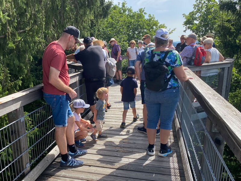 Besucher auf dem Baumwipfelpfad auf Augenhöhe mit den Baumkronen Familie mit Kindern im Vordergrund