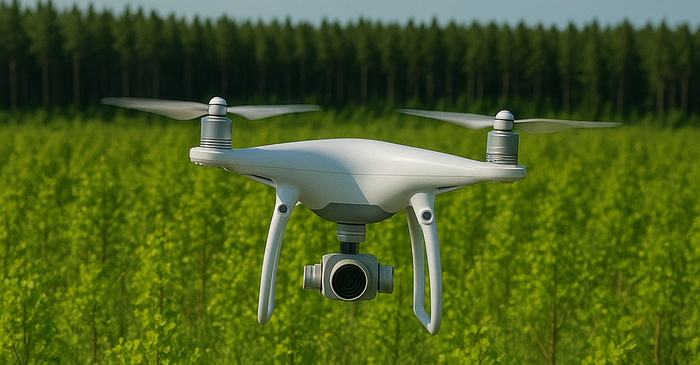 Das Bild zeigt eine weiße Drohne mit vier Rotoren, die knapp über einer grünen, mit etwa 2 m hohen Setzlingen bepflanzten Aufforstungsfläche fliegt.